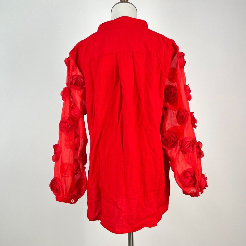 NWOT John Mark Scarlet Red Rosette Applique Sheer Balloon 3/4 Sleeve Blouse XL - Picture 6 of 14